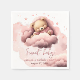 Roze beer op de baby-verjaardagsuitnodiging servet