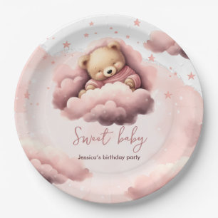 Roze beer op wolken baby verjaardagsfeest bord