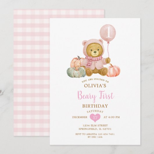 Roze Beer pompoen Herfst Beary eerste verjaardag Kaart (Voorkant / Achterkant)