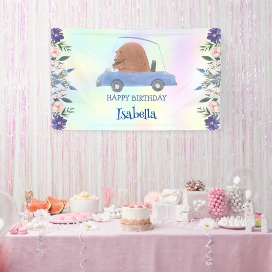 Roze Beer Race auto Tropische bloem Verjaardagsfee Spandoek (Feest)