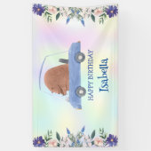 Roze Beer Race auto Tropische bloem Verjaardagsfee Spandoek (Verticaal)