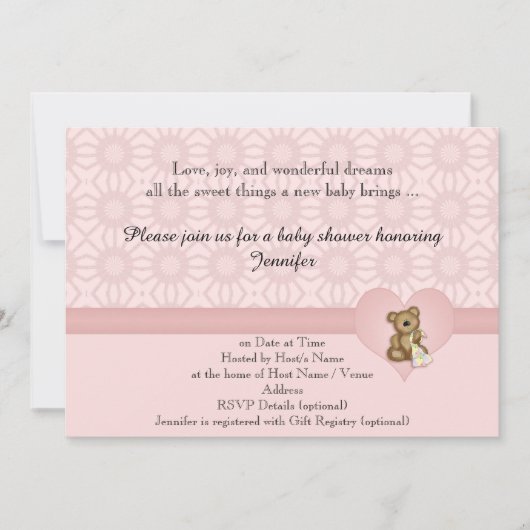 Roze Beer Retro Flowers Baby shower Uitnodiging (Voorkant)