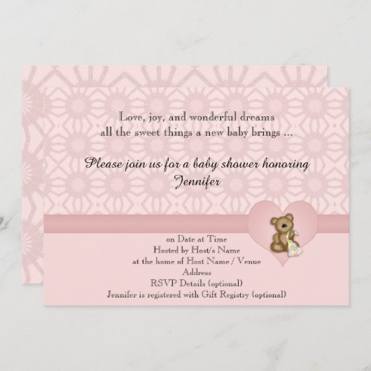 Roze Beer Retro Flowers Baby shower Uitnodiging (Voorkant / Achterkant)