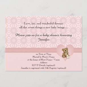 Roze Beer Retro Flowers Baby shower Uitnodiging