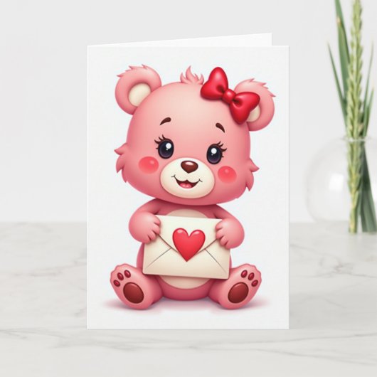 Roze Beer Valentijnskaart Kaart (Voorkant)