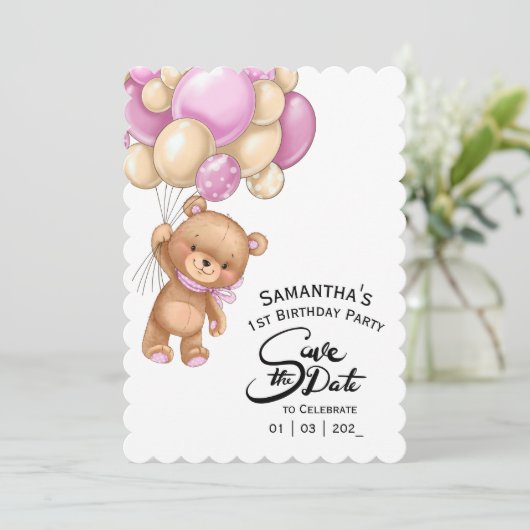 Roze Beer Verjaardags Meisje Kaart (Staand voorkant)