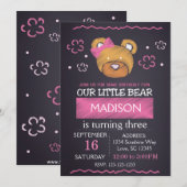 Roze Beer Verjaardagsuitnodiging Kaart (Voorkant / Achterkant)