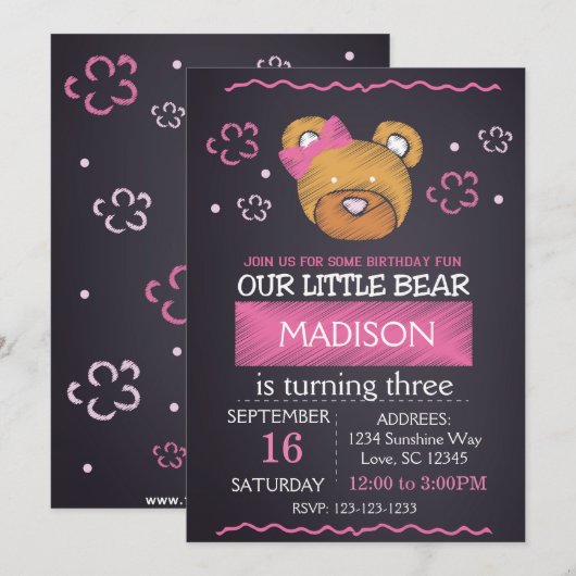 Roze Beer Verjaardagsuitnodiging Kaart (Voorkant / Achterkant)