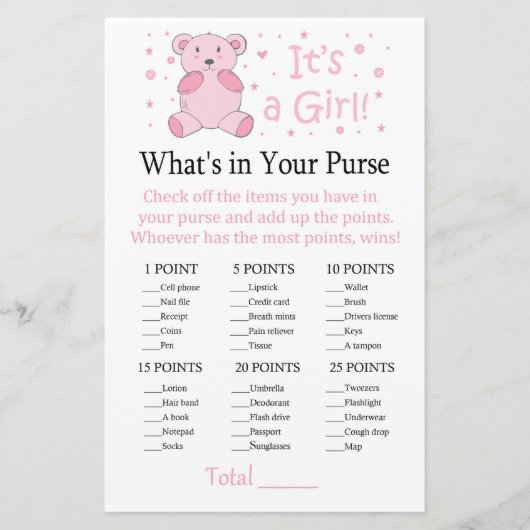 Roze beer Wat zit er in je handtas? (Voorkant)