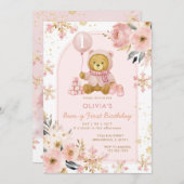 Roze Beer Winter Snowflake Beary Eerste Verjaardag Kaart (Voorkant / Achterkant)
