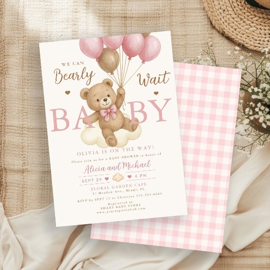 Roze beerballon voor babyshower kaart