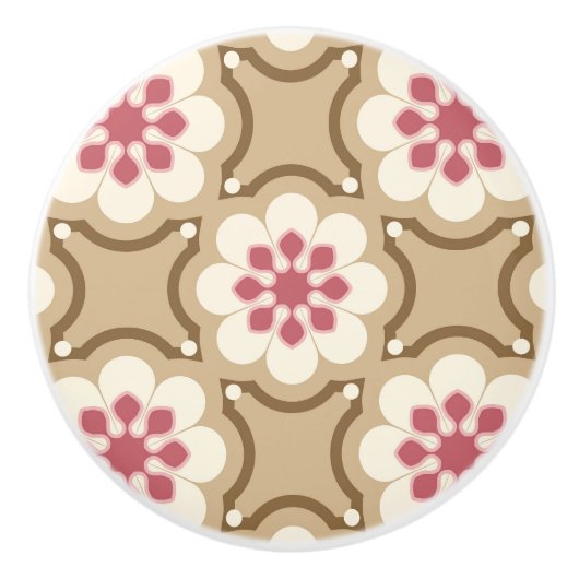 Roze & Beige bloem Keramische Knop (Voorkant)