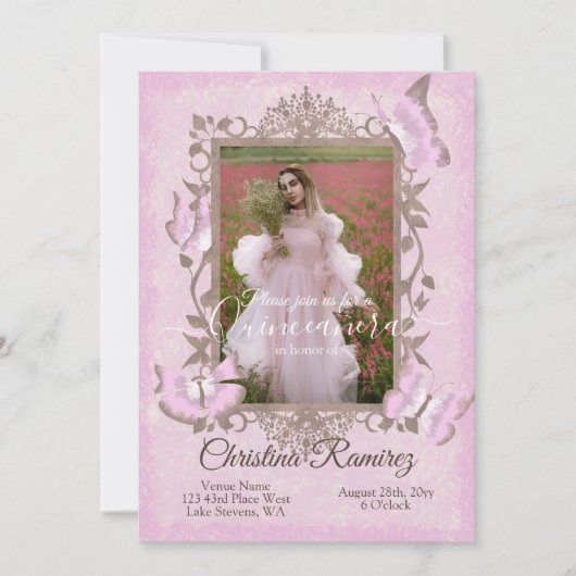 Roze, beige  Butterfly Quinceanera Invite Kaart (Voorkant)