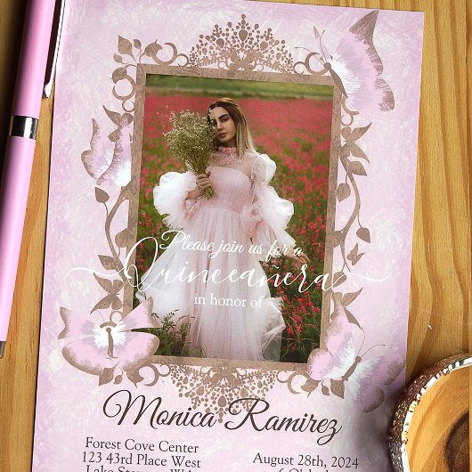 Roze, beige  Butterfly Quinceanera Invite Kaart