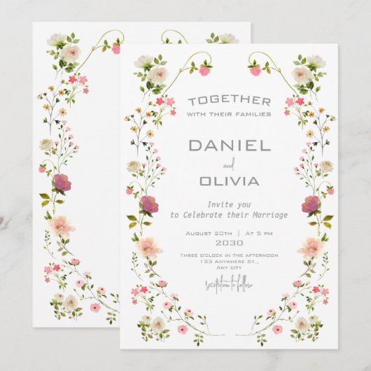 Roze Beige Esthetische Bloemen Waterverf bruiloft Kaart (Voorkant / Achterkant)