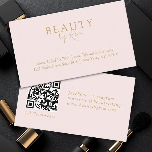 Roze & Beige-Gold Minimal Elegant, Salon QR Code Visitekaartje