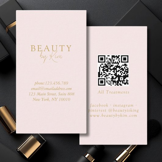 Roze & Beige-Gold Minimal Elegant, Salon QR Code Visitekaartje