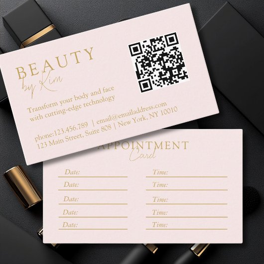 Roze-beige-goud, minimaal, elegant, salon, QR-code Afsprakenkaartje