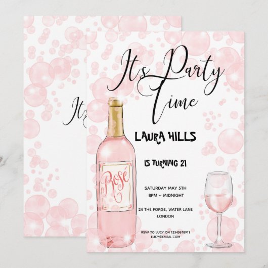 Roze belletjes uitnodiging op zaterdag (Voorkant / Achterkant)