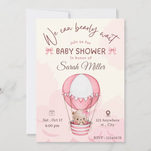 Roze beren babyshower uitnodiging (Voorkant)