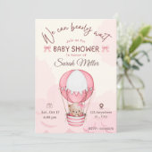 Roze beren babyshower uitnodiging (Staand voorkant)