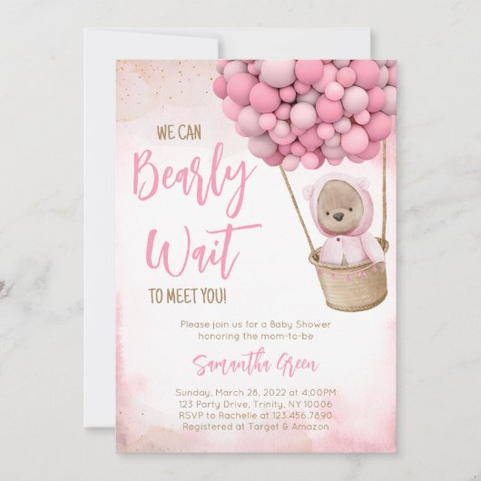Roze Beren ballon Baby shower Invitation Kaart (Voorkant)