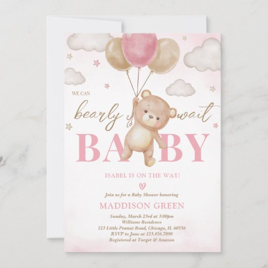 Roze Beren ballon Baby shower Kaart (Voorkant)