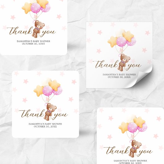 Roze Beren ballon Baby shower Vierkante Sticker