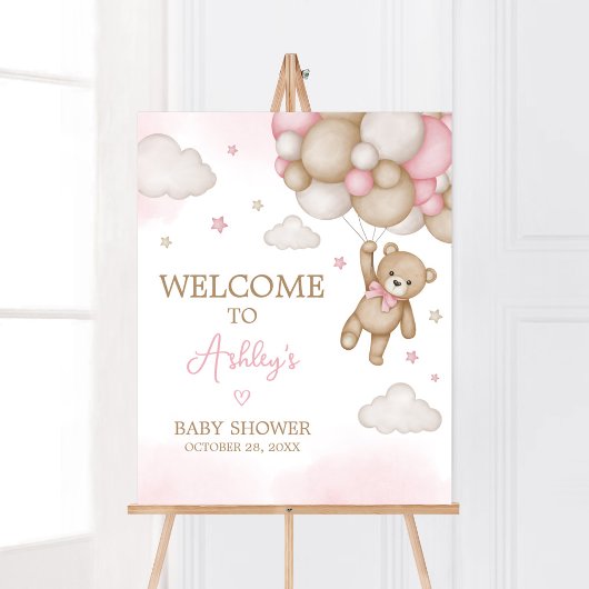 Roze Beren ballon Baby shower Welkom Poster