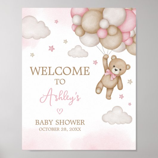 Roze Beren ballon Baby shower Welkom Poster (Voorkant)