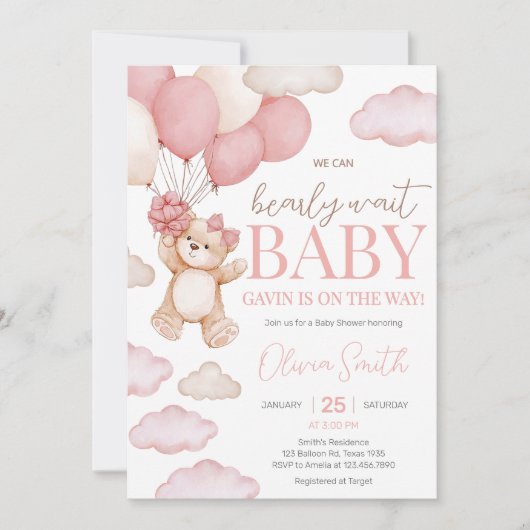 Roze Beren ballon Bearly Wait Baby shower Kaart (Voorkant)