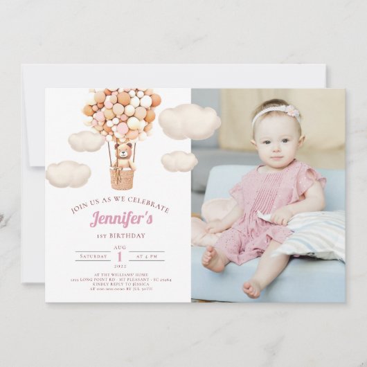 Roze Beren ballonnen eerste uitnodiging voor meisj (Voorkant)