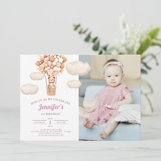 Roze Beren ballonnen eerste uitnodiging voor meisj (Staand voorkant)