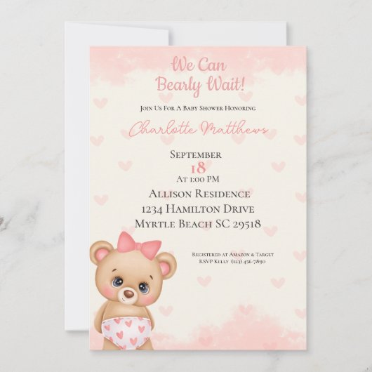 Roze Beren harten We kunnen bijna wachten Baby sho Kaart (Voorkant)