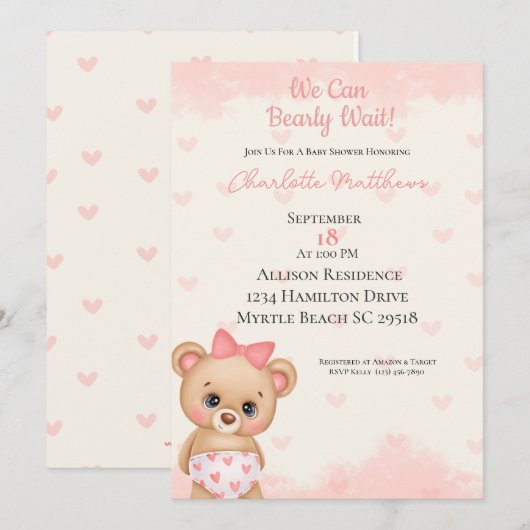 Roze Beren harten We kunnen bijna wachten Baby sho Kaart (Voorkant / Achterkant)