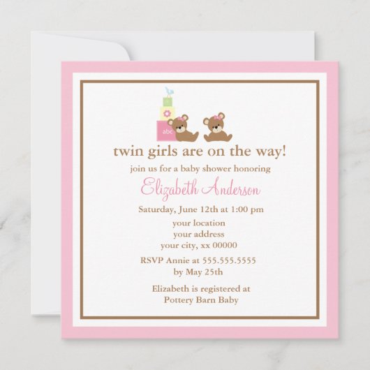 Roze Beren Twins Baby shower Kaart (Voorkant)