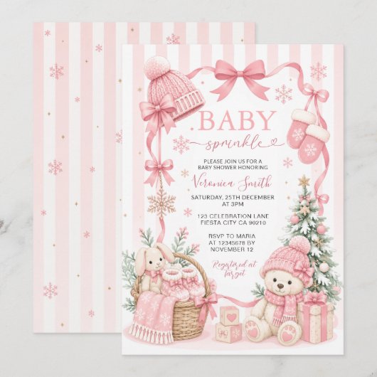 Roze beren Winter Baby Sprinkle Uitnodiging (Voorkant / Achterkant)