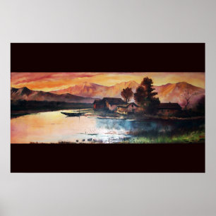 ROZE BERGMEER ALPEN ZONSONDERGANG LANDSCHAP POSTER