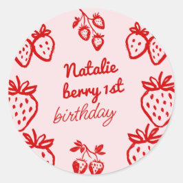 Roze Berry 1e Hand Getrokken Aardbei Meisje Verjaa Ronde Sticker