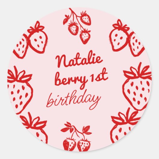 Roze Berry 1e Hand Getrokken Aardbei Meisje Verjaa Ronde Sticker (Voorkant)