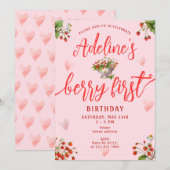 Roze Berry Eerste Aardbei 1e Verjaardagsfeest Kaart (Voorkant / Achterkant)