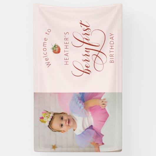 Roze Berry Eerste Verjaardag Banner (Verticaal)