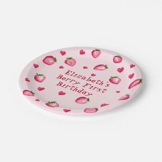 Roze Berry Eerste Verjaardag Strawberry Party Hear Papieren Bordje (Gekanteld)