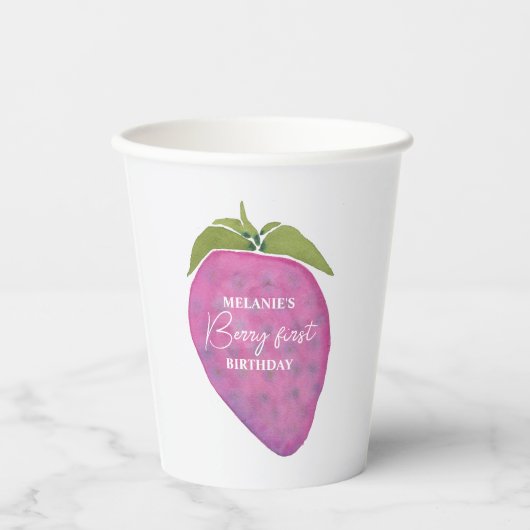Roze Berry Eerste Verjaardag Waterverf Custom Papieren Bekers (Voorkant)