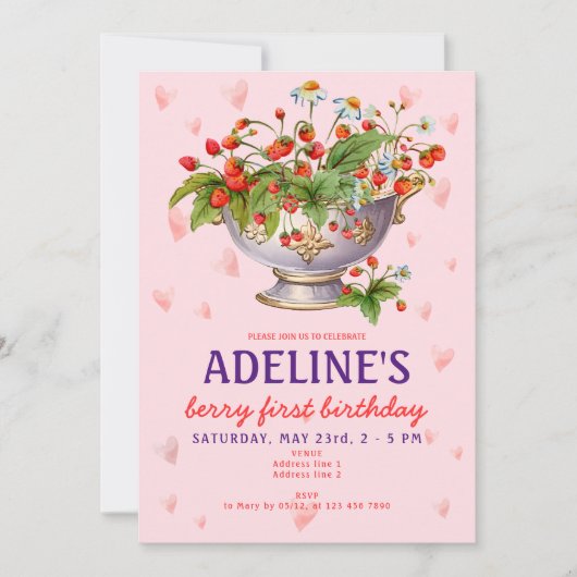 Roze Berry Eerste Wilde Aardbei Meisje 1e Verjaard Kaart (Voorkant)