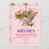 Roze Berry Eerste Wilde Aardbei Meisje 1e Verjaard Kaart (Voorkant / Achterkant)