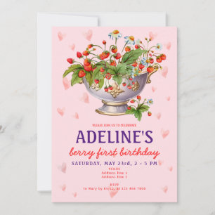 Roze Berry Eerste Wilde Aardbei Meisje 1e Verjaard Kaart