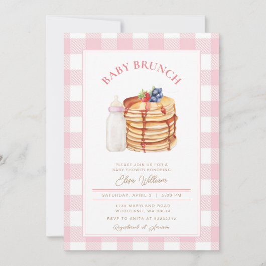 Roze Berry Pannenkoek Baby shower Brunch Kaart (Voorkant)
