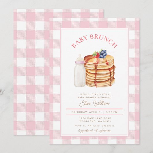 Roze Berry Pannenkoek Baby shower Brunch Kaart (Voorkant / Achterkant)