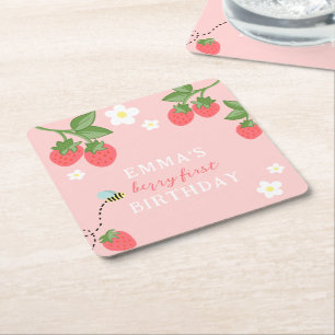 Roze Bes Eerste Meisjes Aardbei 1e Verjaardag Kartonnen Onderzetters
